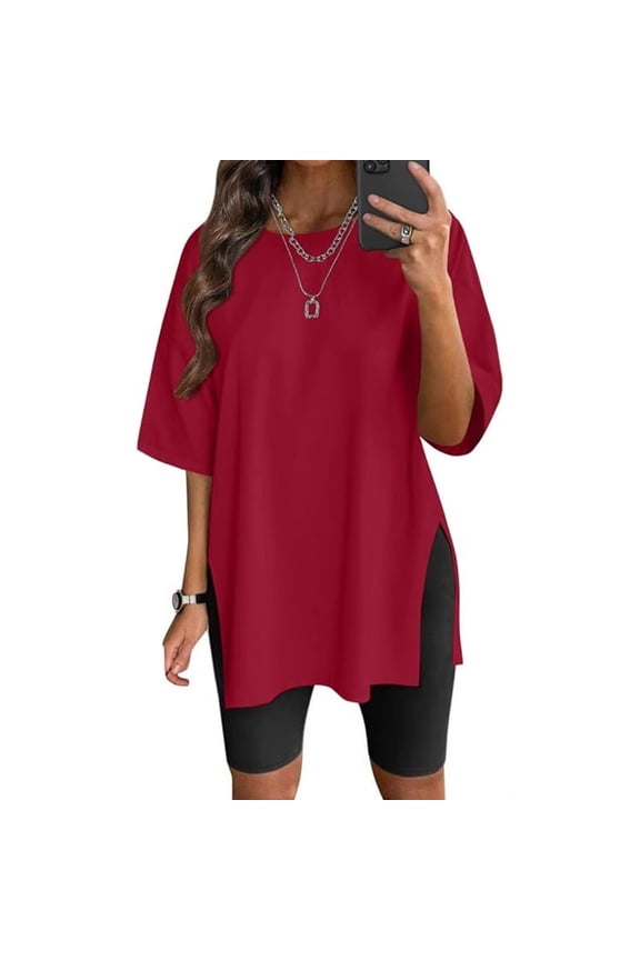 Stretch Women's Split Side Blouse Short Sleeve Casual Solid Color Tunics Top