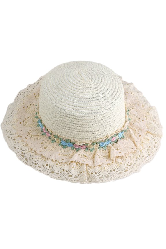 Vacation Teaparty Hat for Women Sun Straw Hat with Trim Elegant Lace Bonnet Hat French Sun Hat for Camping Travel