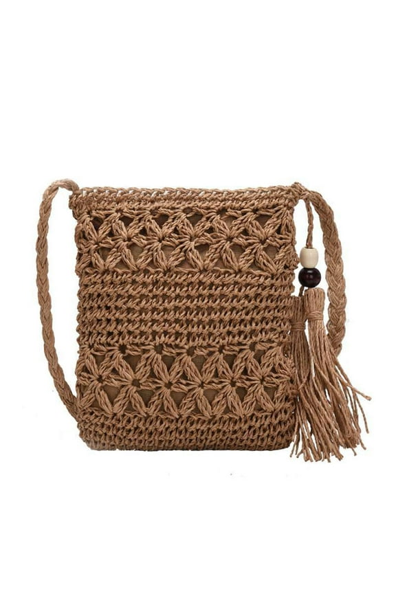 Women Beach Woven Straw Shoulder Messenger Bag with Tassel Boho Hollow Out Crochet Crossbody Handbag Macrame Clutch Purse with Zipper