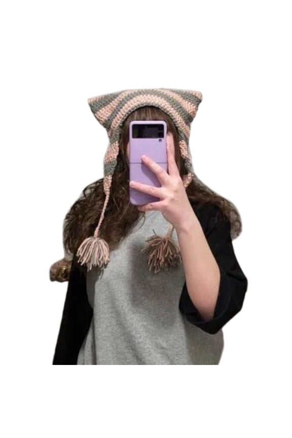 Y2k Handmade Cat Ear Shape Hat Knit Winter Windproof Hat with Dangle Pompoms