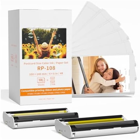 RP-108 Compatible Canon Selphy CP1500 Ink and Paper with 2 Color Ink Cartridges and 108 Sheets 4x6 Photo Paper Glossy for Canon Selphy CP1300, CP1200, CP1000, CP910, CP900 Compact Photo Printers