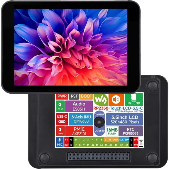 RP2350 3.5inch LCD Display Development Board, 320 480 Resolution, 65K Color, Dual-core and Dual-Architecture, Onboard Camera Interface, with Case and Camera