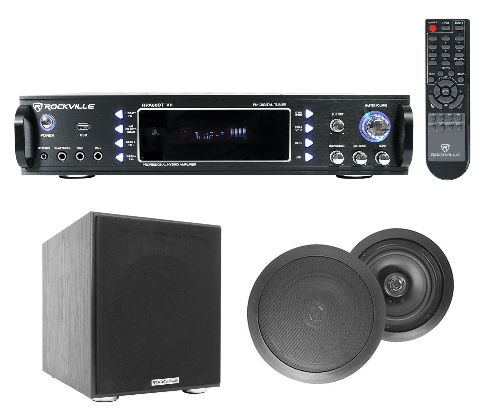 RPA60BT Home Theater Bluetooth Receiver+(2) 8" Black In-Ceiling Speakers+Sub