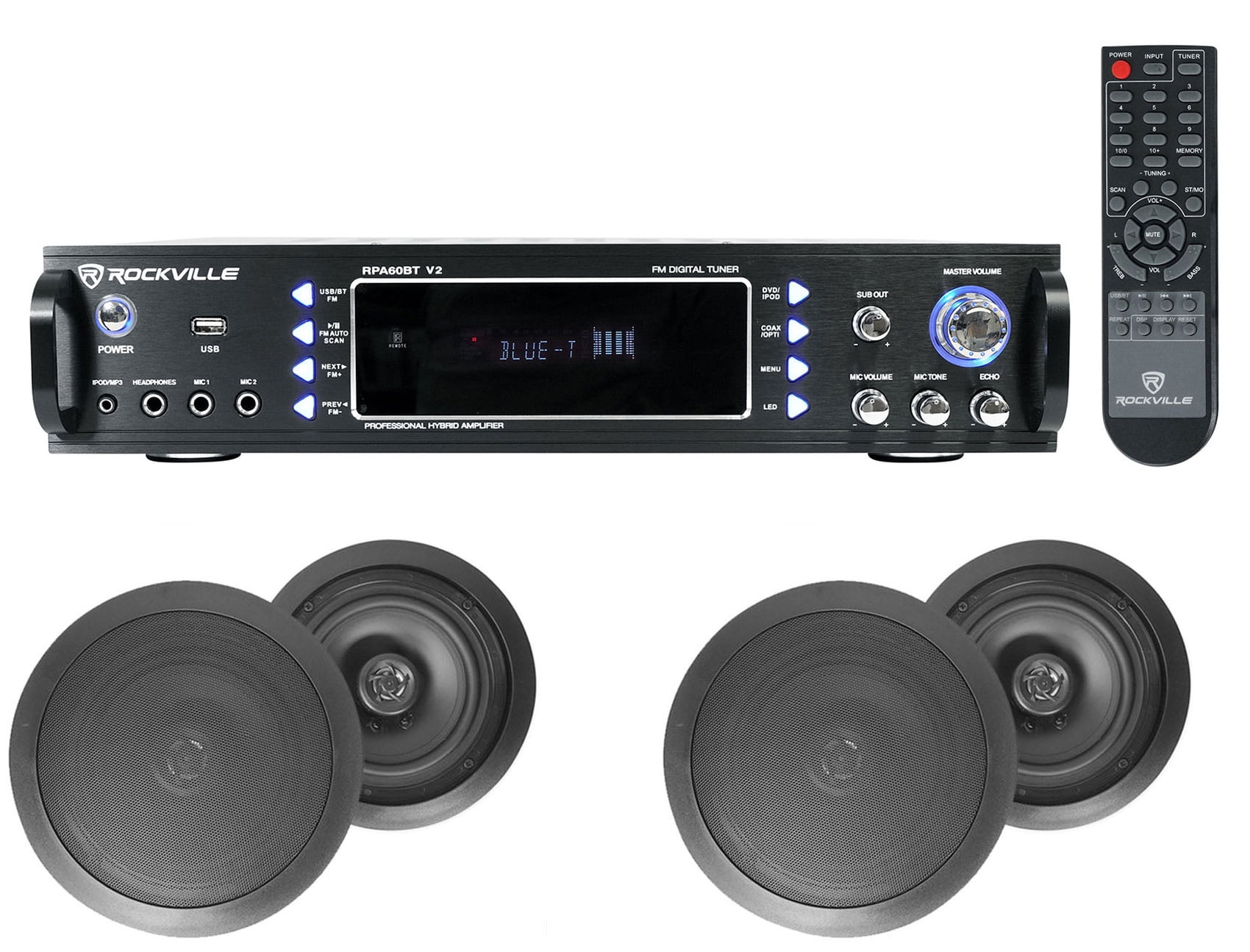 RPA60BT Home Theater Bluetooth Receiver + (4) 8" Black In-Ceiling Speakers