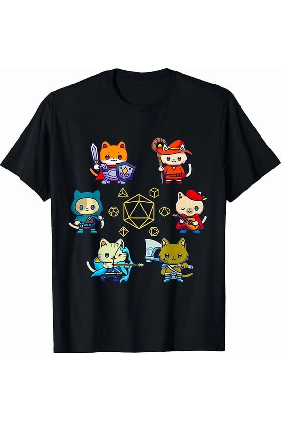 RPG Gamer Cats D20 Dice Nerdy Geek Cat Party Apparel Unisex T-Shirt, up to Size 5XL