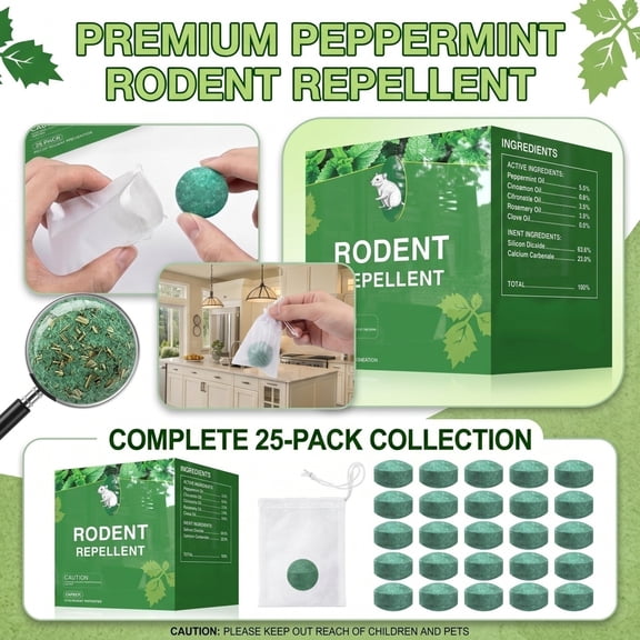 RPKPR 25PCS Rodent Repellent Balls, Natural Peppermint Oil Mouse Repellent for House Indoors, Safe for Pets, Mice & Rat Deterrent Tablets for Closet, Attic, Garage, Pantry