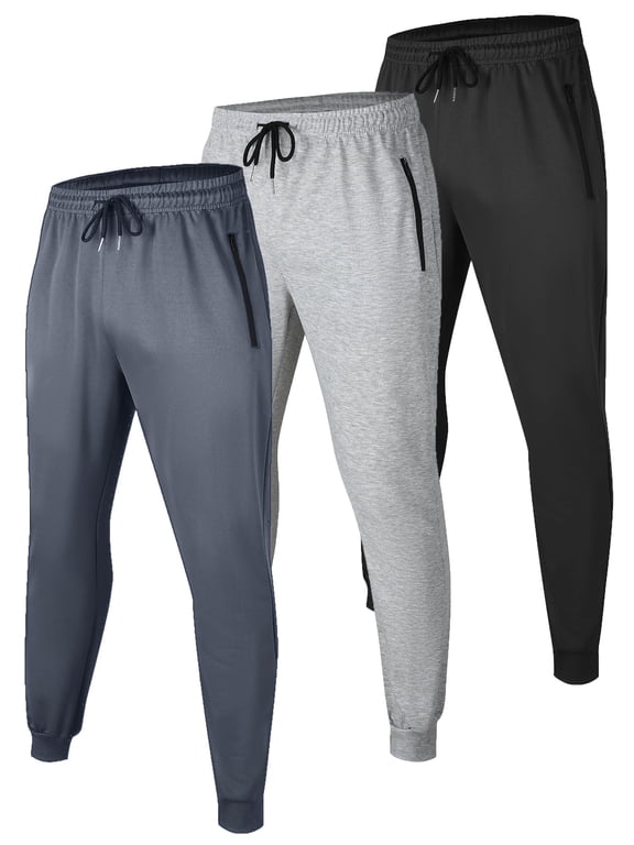 3 Pack Men's Athletic Jogger Workout Running Sweatpants Casual Baggy Pants with Zipper Pocket and Drawstring