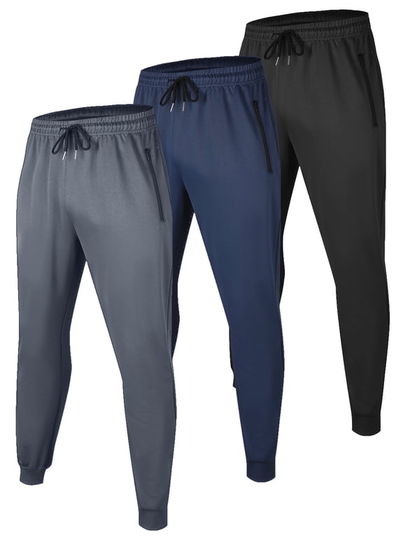 3 Pack Men's Athletic Jogger Workout Running Sweatpants Casual Baggy Pants with Zipper Pocket and Drawstring