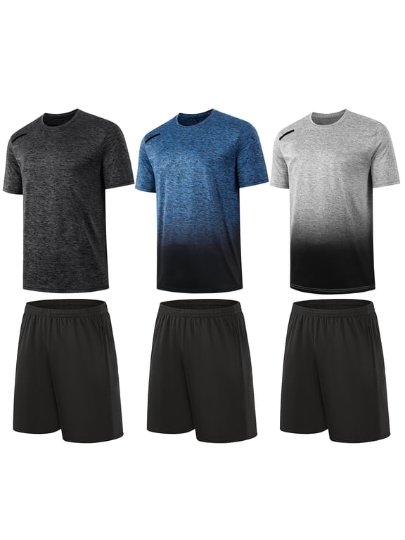 3 pack Mens Gym Short Sleeve T-Shirt Set Athletic Basketball Workout Running Shorts,S-3XL