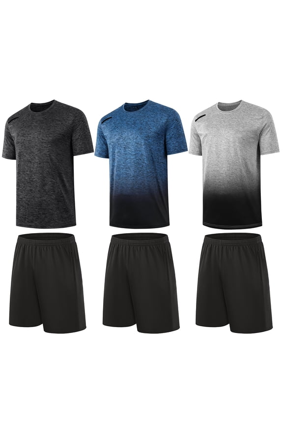 3 pack Mens Gym Short Sleeve T-Shirt Set Athletic Basketball Workout Running Shorts,S-3XL