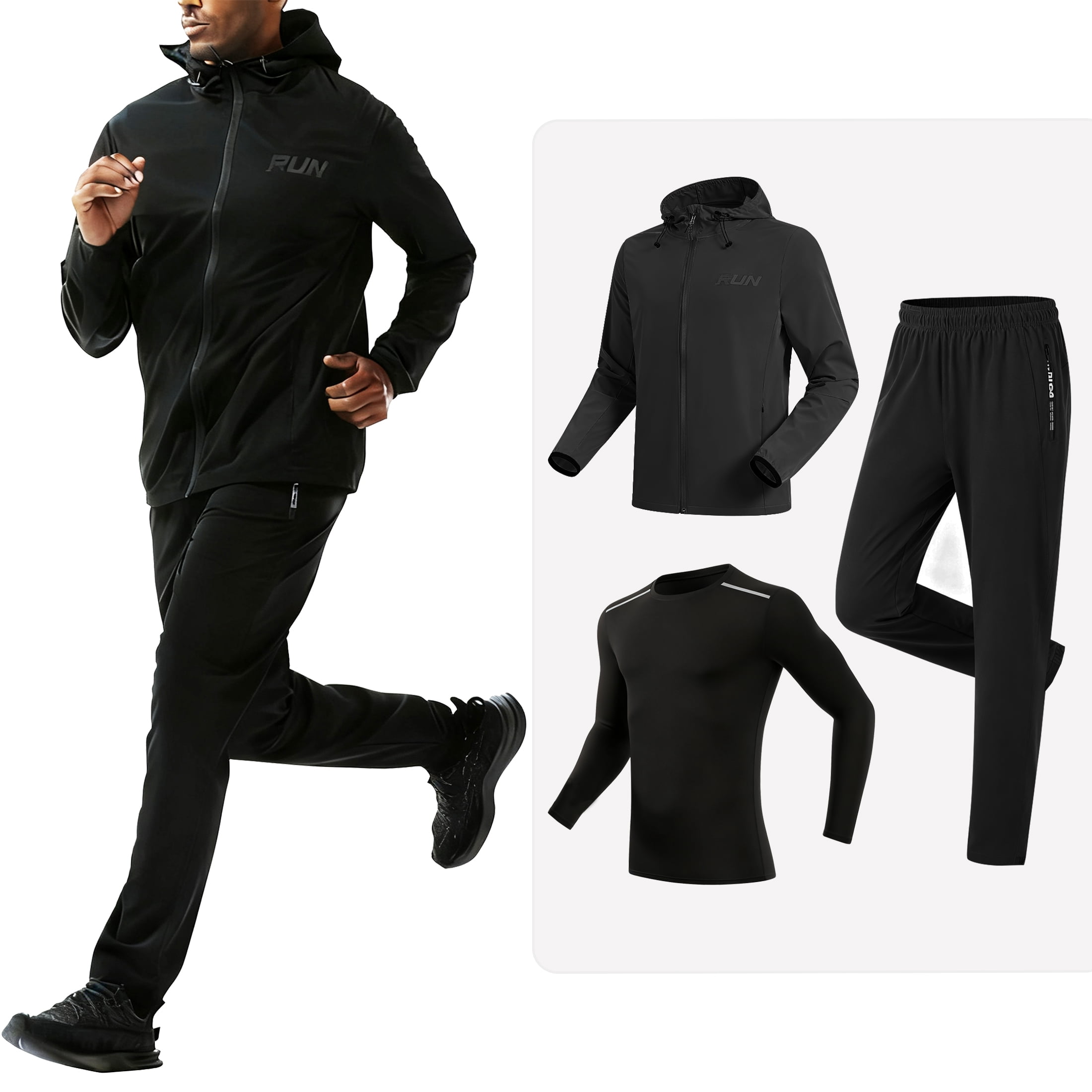 3 Pcs Men's Workout Set Gym Long Sleeve Shirts Hoodie Jackets Casual Stretch Pant with Zipper Pockets,S-3XL