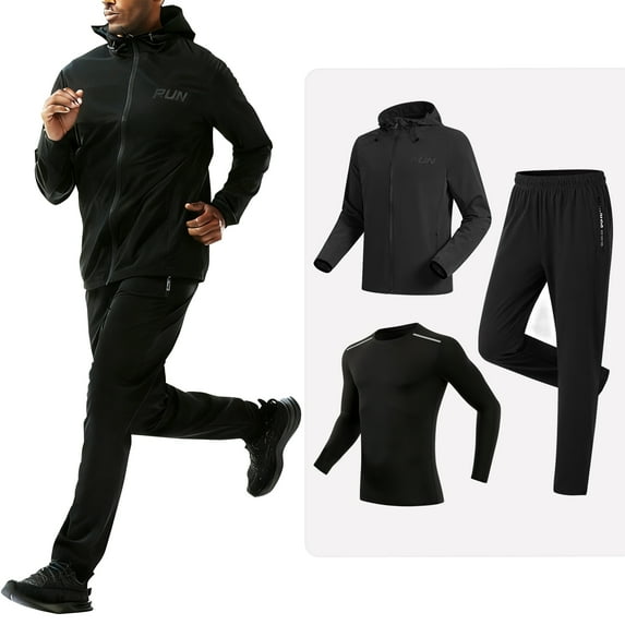 RPOVIG 3 Pcs Men's Workout Set Gym Long Sleeve Shirts Hoodie Jackets Casual Stretch Pant with Zipper Pockets,S-3XL