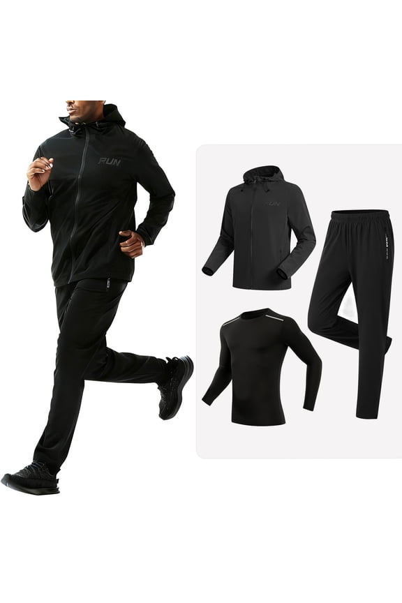 3 Pcs Men's Workout Set Gym Long Sleeve Shirts Hoodie Jackets Casual Stretch Pant with Zipper Pockets,S-3XL