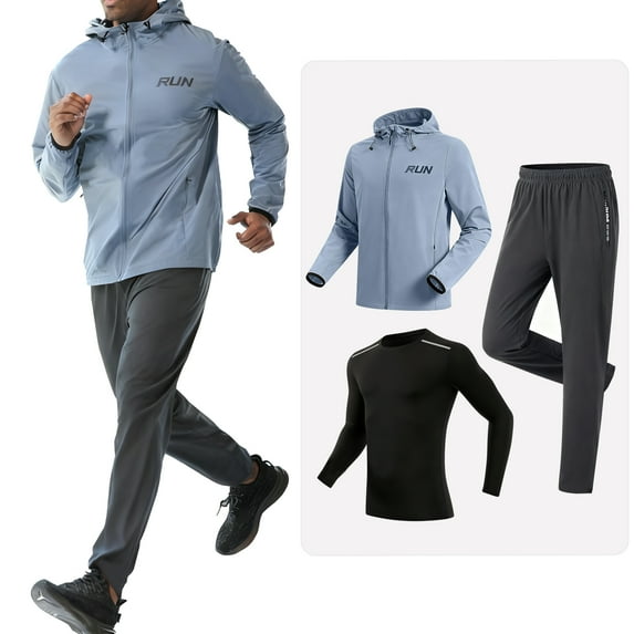 RPOVIG 3 Pcs Men's Workout Set Gym Long Sleeve Shirts Hoodie Jackets Casual Stretch Pant with Zipper Pockets,S-3XL