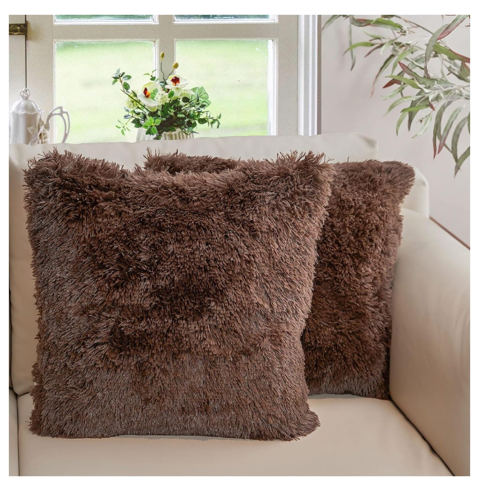 Chocolate Faux Fur Shaggy Throw Pillows Set of 2, 18" x 18"
