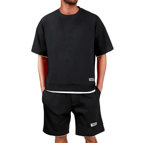 RPVATI 2 Piece Set for Men Shorts and Shirt Summer Waffle Knit Short Sleeve Shirt & Shorts Casual Athletic Jogging Tracksuit Outfits Black M