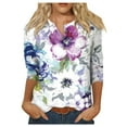 thumbnail image 1 of RPVATI 3/4 Sleeve Shirts for Petite Women V Neck Button Down Up Elbow Sleeve Tops Loose Fit Floral Print Henley Blouses Dressy Boho Tees Casual Tunic Tops Purple L, 1 of 6