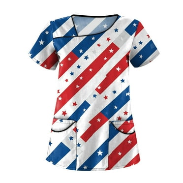 RPVATI 4Th of July Scrub Tops Women Medium V Neck Summer American Flag Print Scrubs Holiday Patriotic Independence Day Short Sleeve Working Nursing Uniform with Pockets Cute Funny Blouse Blue XXL
