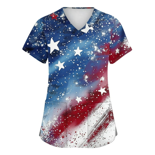 RPVATI 4Th of July Womens Scrub Tops Blue V Neck Summer Patriotic Graphic Scrubs Trendy American Flag Independence Day Short Sleeve Nurse Working Uniform with Pockets Cute Holiday Blouse Royal Blue S
