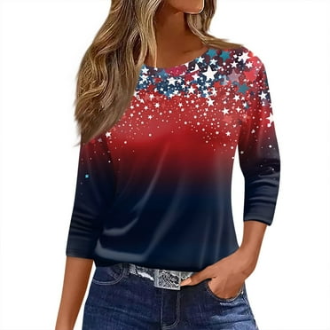 RPVATI 4th of July 3/4 Sleeve Tops for Women Elbow Patriotic Stars Striped American Flag Print Tee Shirts Casual Summer Independence Day Blouses Party Round Neck Mid-Length Shirts Vacation Tunic Tops