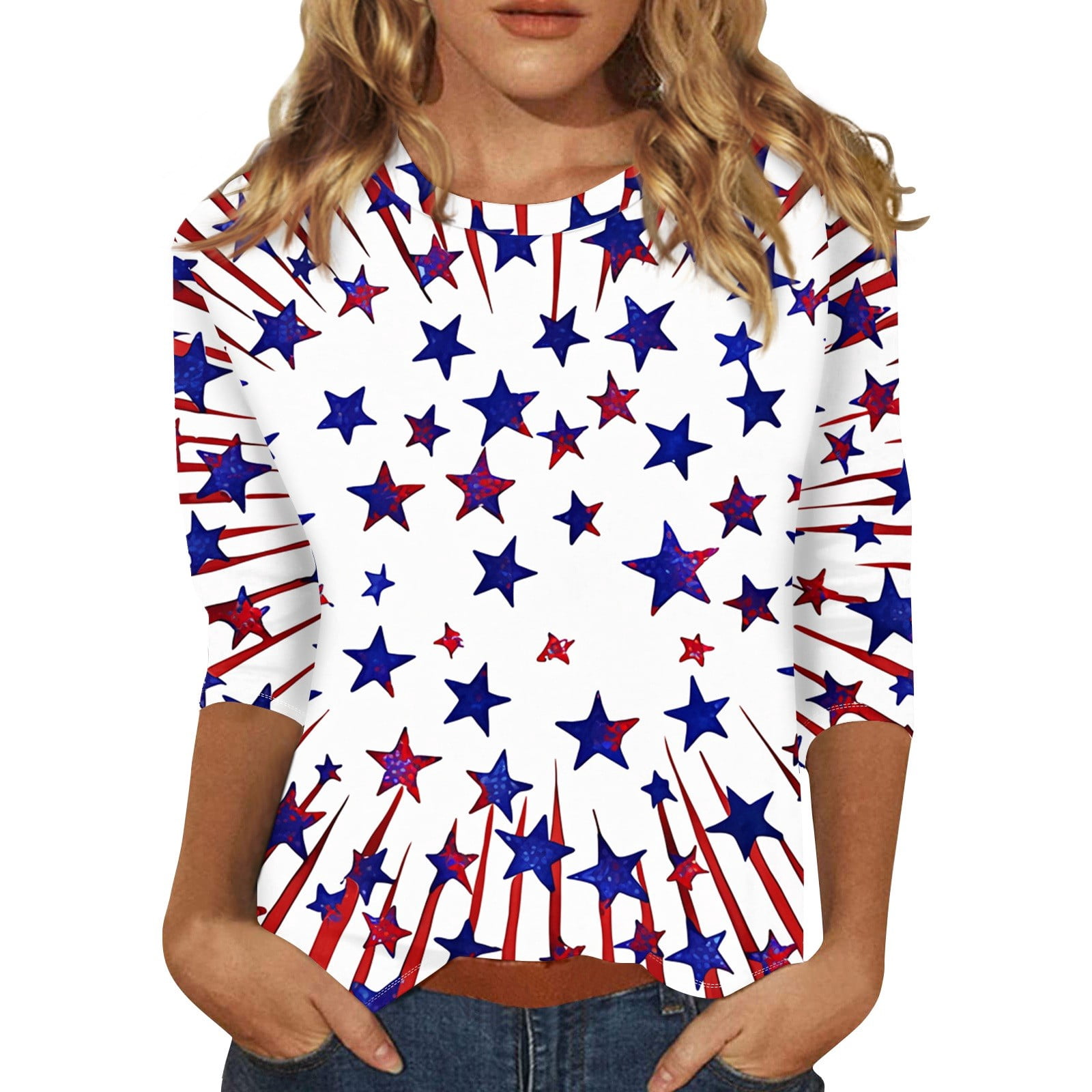 RPVATI 4th of July Womens 3/4 Sleeve Tops Xl Red Elbow Round Neck ...