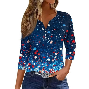 RPVATI 4th of July Womens Tops 3/4 Length Sleeve Patriotic Independence Day Tshirts V-Neck Summer American Flag Stars Striped Printed Casual Tunic Tops Vintage Button Down Shirts Fashion Blouses