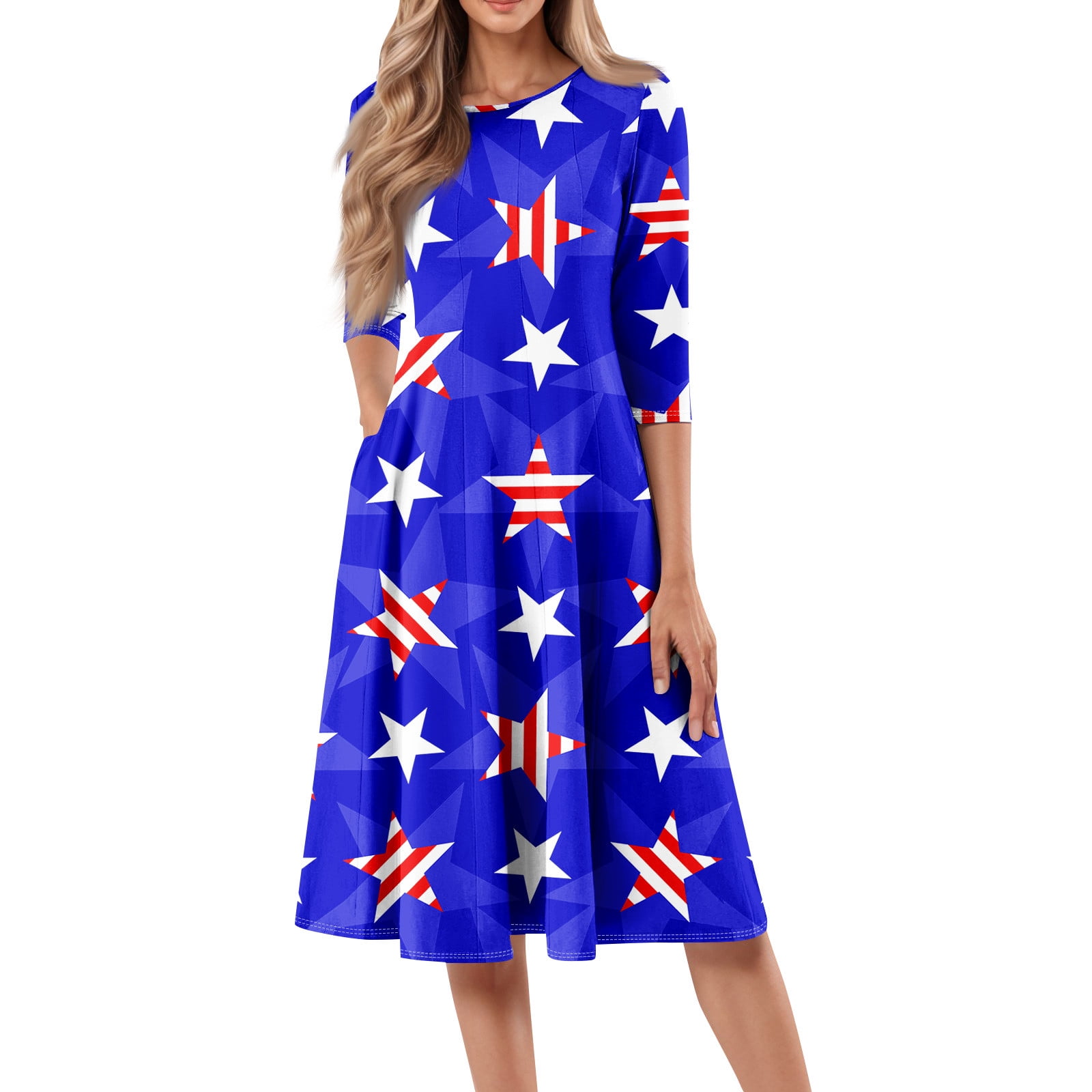 RPVATI 4th Of July Women's Spring Dresses Casual Pleated 3/4 Sleeve ...