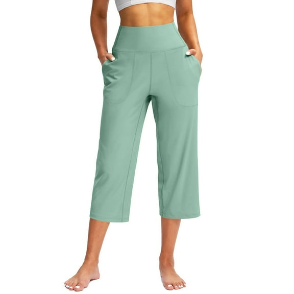 RPVATI Capri Pants for Women Plus Size, Womens High Waisted Tummy Control Yoga Pants, Pants Capris With Pockets Size Leggings Straight Leg Crop Pant Green 3XL