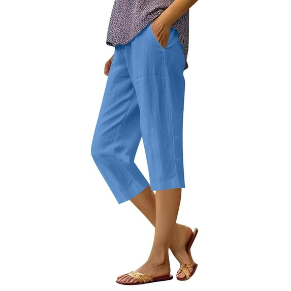 RPVATI Capri Pants for Women Stretch Cotton Linen Summer High Waisted Casual Pants Baggy Straight Leg Beach Cropped Pants with Pockets Blue 4XL