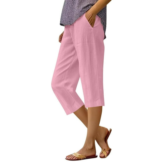 RPVATI Capris Linen Pants Women Summer Casual Elastic Waist Pants Straight Leg Lightweight Beach Cropped Pants with Pockets Pink 5XL