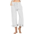 thumbnail image 1 of RPVATI Capris Pants for Women Cotton Linen Casual Ruffle Drawstring Beach Wide Leg Pants Summer Trendy High Waisted Flowy Lounge Trousers with Pockets White XL, 1 of 8