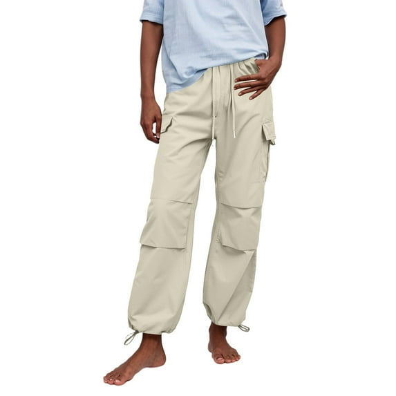 RPVATI Cargo Pants for Women Baggy Parachute Pants Y2K Wide Leg Drawstring Elastic Low Waist 2025 Trendy with Pockets Beige M