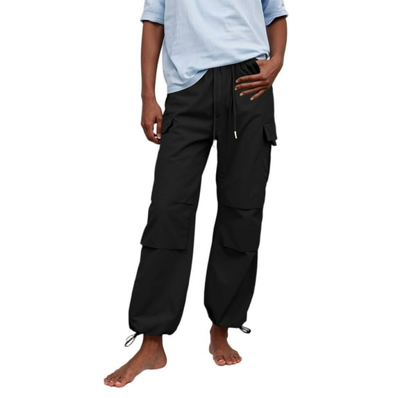 RPVATI Cargo Pants for Women Baggy Parachute Pants Y2K Wide Leg Drawstring Elastic Low Waist 2025 Trendy with Pockets Black L