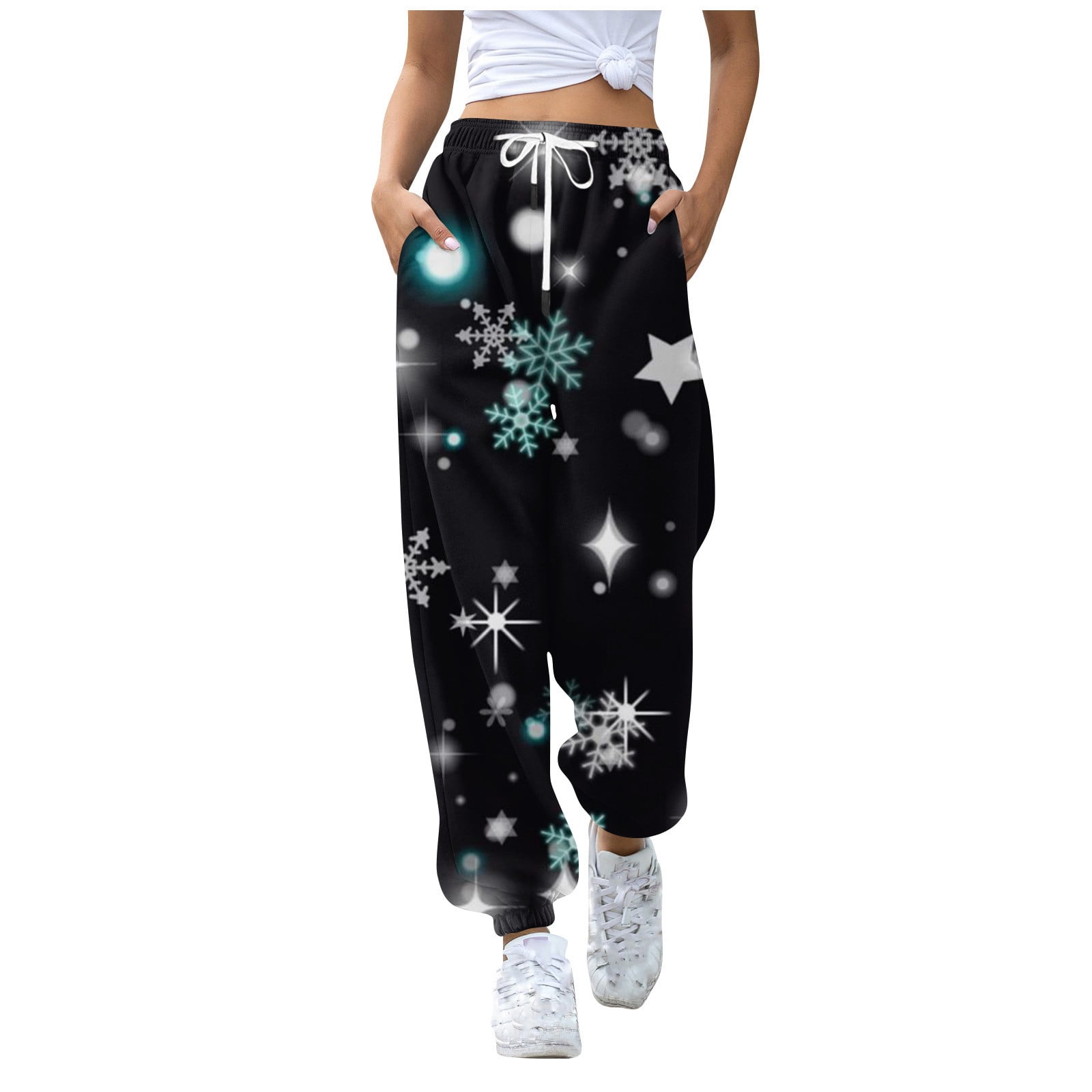 RPVATI Christmas Women Long Sweatpants Loose Christmas Snowflake Ladies
