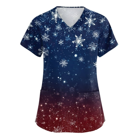 RPVATI Christmas Womens Scrub V-Neck Short Sleeve Christmas Tree Stretch Nursing Uniform Snowman Snowflake Print Plus Size Scrub Top Working Nurse Fall Cotton T-Shirts with Pockets Dark Blue M