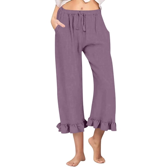 RPVATI Cotton Linen Pants Women Drawstring Summer High Waisted Ruffle Lounge Wide Leg Capri Pants Casual Fashion Vacation Cropped Palazzo Pants Straight Trousers with Pockets Purple M
