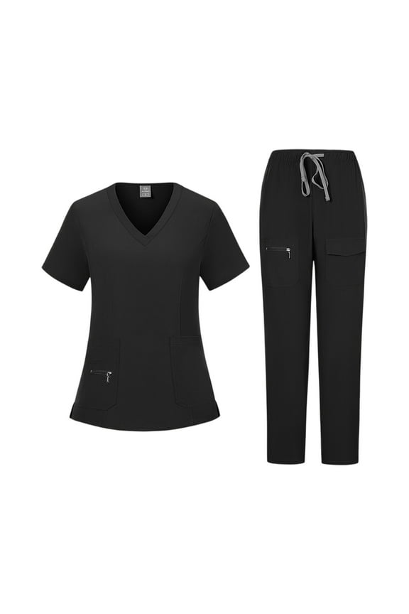 Cotton Scrubs for Women Set Soft and Stretchy Nursing Uniform Short Sleeve V-Neck Top and Cargo Pants Workwear Comfortable Scrub Suit Multi Pockets(Black,XXL)