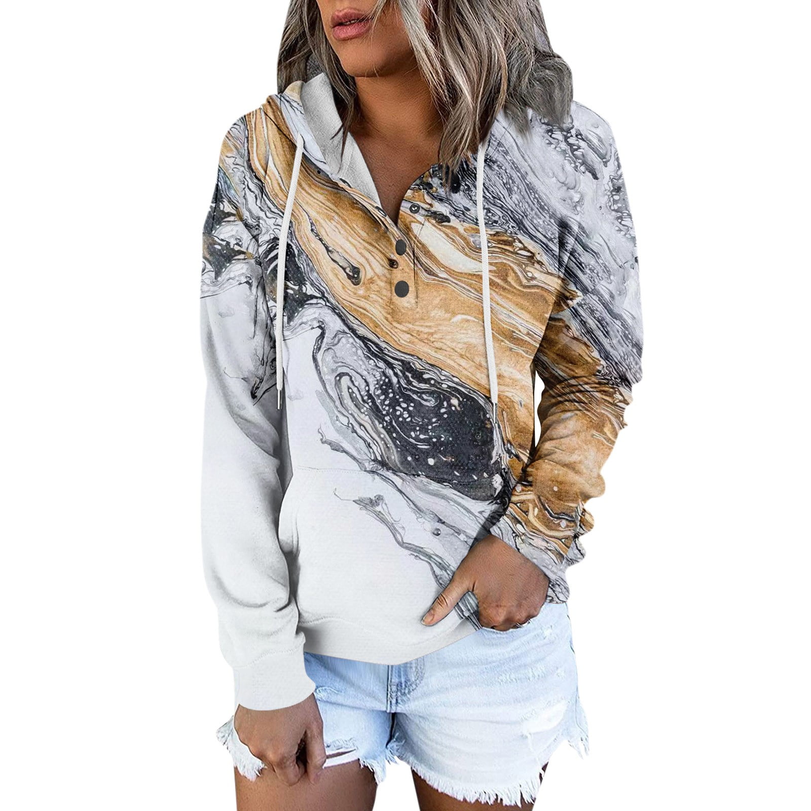 RPVATI Cozy Hoodies for Women Henley V Neck Marble Print Drawstring Womens  Sweatshirt Soft Hooded Button Down with Pocket Women's Pullover Sweaters  Long Long Sleeve Outfits College Clothes Green S 