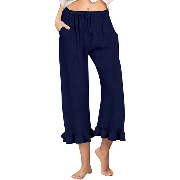 RPVATI Cropped Linen Pants Women Petite Summer Ruffle Drawstring Lounge Wide Leg Capri Pants Casual Dressy Elastic High Waisted Beach Palazzo Trousers with Pockets Navy L