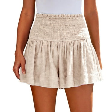 RPVATI Cycling Shorts Women Summer High Elastic Waisted Plus Size Smocked Flowy Shorts Casual Ruffle Pleated Workout Shorts with Pockets Beige XL