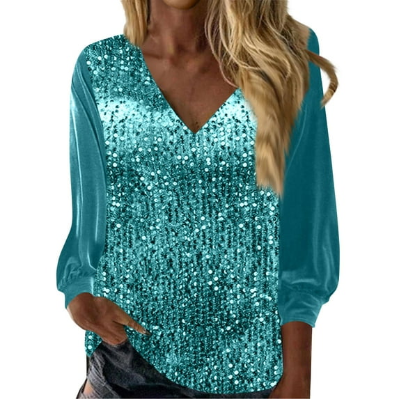 RPVATI Deep V Neck Sequin Tops for Women Sexy Sparkly Shirts Long Sleeve Tops Glitter Dressy Formal Blouses Cocktail Top Sky Blue S