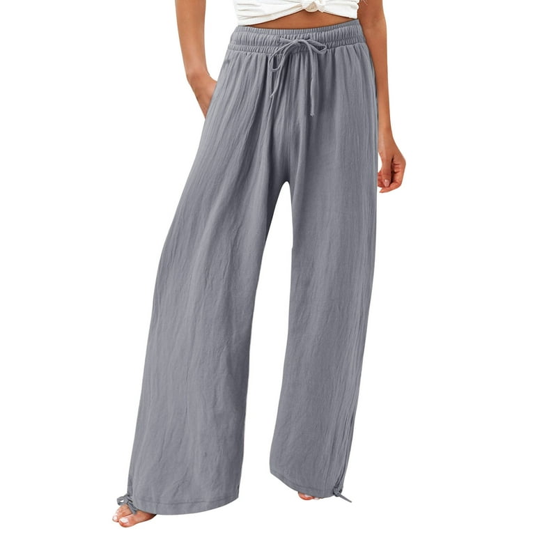RPVATI Dressy Palazzo Pants Cotton Linen Drawstring Solid Color Summer  Pants for Women Elastic Straight with Pockets High Waisted Wide Leg Pants  Fall Loose Fit Flowy Ladies Pants Casual Gray 3XL 