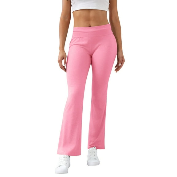 RPVATI Flare Leggings for Women Low Rise Fold Over Flared Yoga Pants Bootcut Leggings Ladies Comfy Workout Pants Pink XS