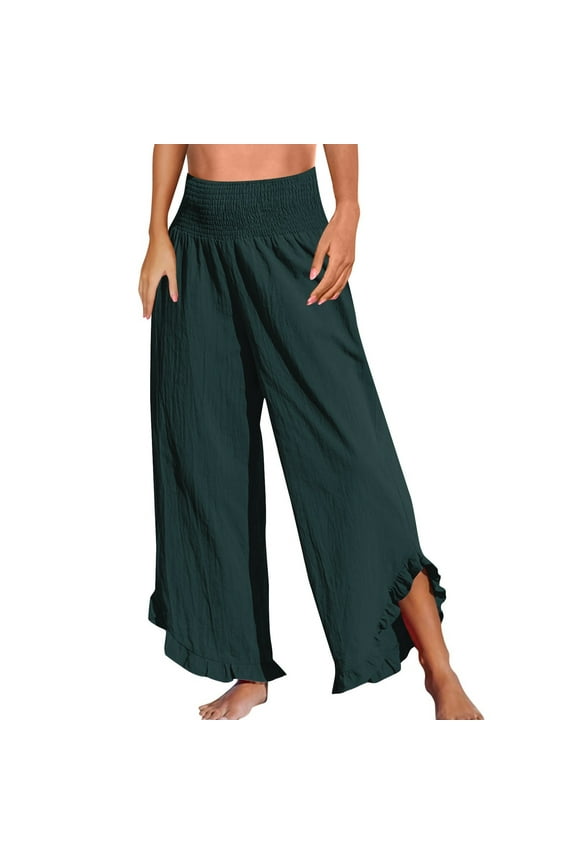 Flowy Linen Pants for Women Boho Casual Elastic High Waisted Smocked Palazzo Pants Summer Straight Leg Ruffle Hem Beach Cropped Lounge Pants with Pockets Dark Green XXL