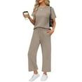 thumbnail image 1 of RPVATI Gym Sets for Women 2 Piece Summer Outfits Casual Short Sleeve Round Neck Tops Matching Lounge Sets Beach Vacation Travel Wide Leg Pants Saffron M, 1 of 6