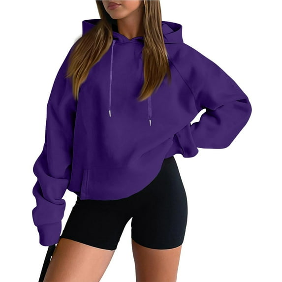 RPVATI Hoodie Dress for Women Drop Shoulder Plus Size Pullover Tops Fall Hooded Long Sleeve Sweatshirts Cute Clothes with Pockets Purple S