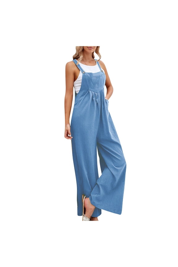 Linen Baggy Overalls for Women Adjustable Straps Wide Leg Jumpsuit Lightweight Stretchy Sleeveless Maternity Overalls Blue S