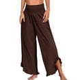 thumbnail image 1 of RPVATI Linen Beach Pants Womens Plus Size Summer Fashion 2025 Elastic Waist Smocked Ruffle Hem Palazzo Pants Boho Casual Wide Leg Flowy Baggy Vacation Trousers with Pockets Brown S, 1 of 4