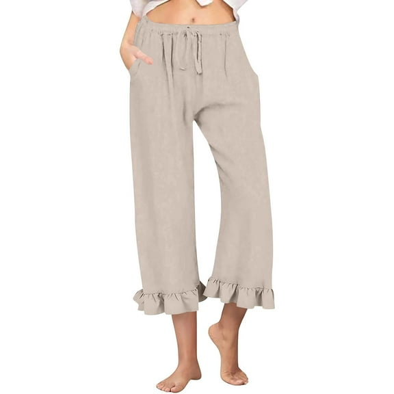 RPVATI Linen Capris for Women Plus Size Summer Ruffle Elastic Waist Cropped Palazzo Pants Casual Drawstring Beach Flowy Trousers with Pockets Khaki S