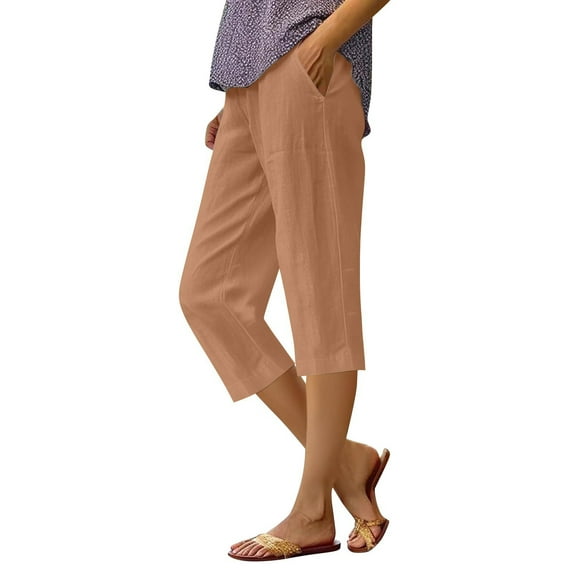 RPVATI Linen Capris for Women Striped High Waisted Casual Summer Capris Comfy Straight Wide Leg 2025 Beach Cropped Pants W/pockets Light Brown M